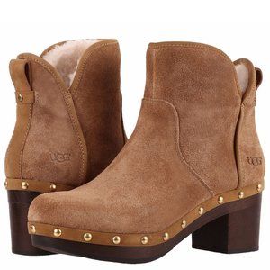 NEW UGG Women Cam II Chestnut Sheepskin Fur Lined Suede Chunky Block Wood Heel